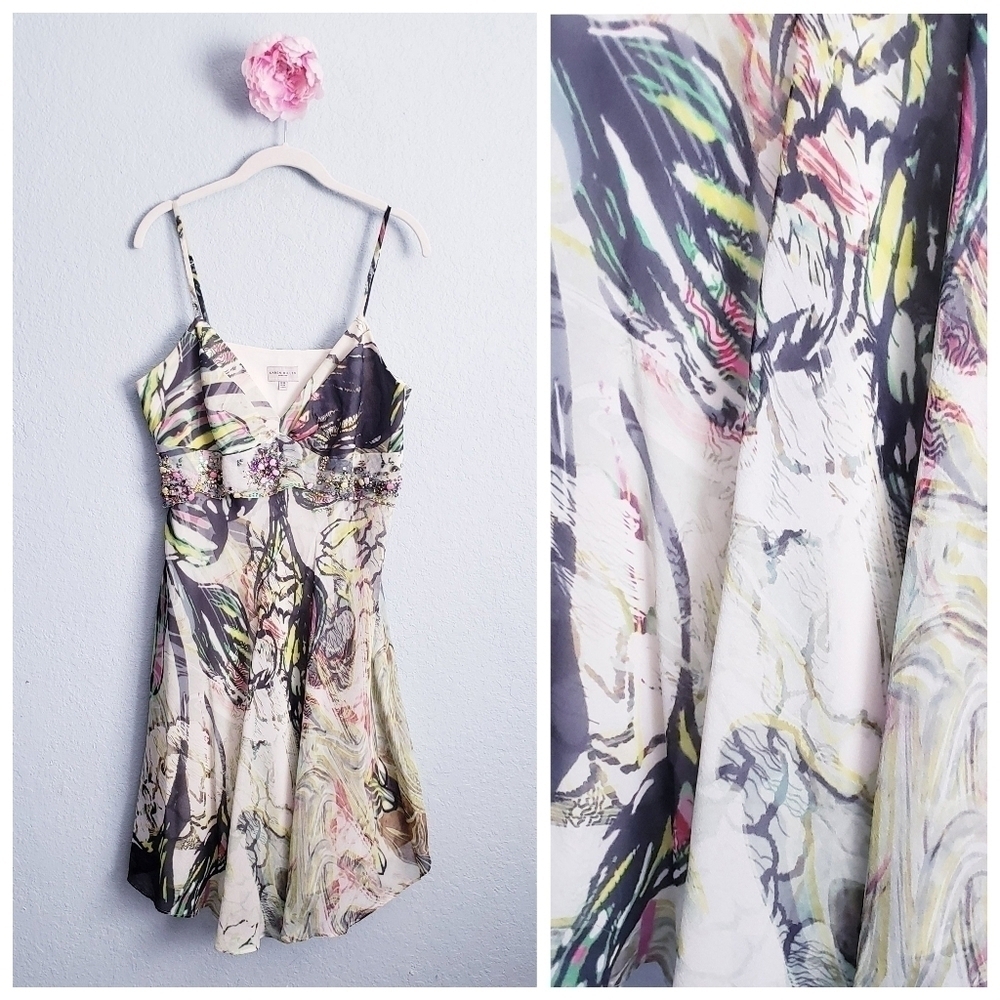 Vintage Karen Millen Floral Bias Abstract Silk Embellished Mini Dress